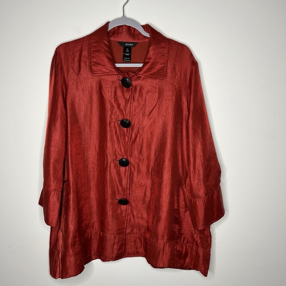 Ali Miles Jacket Womens XL Red Shimmer Collared Black Textured Buttons Classic